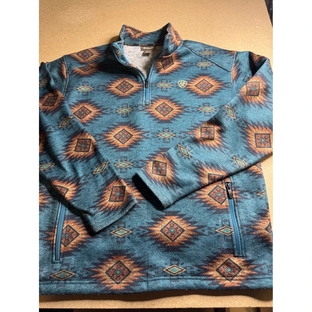 Ariat Mens Large Teal Blue Aztec Southwestern Quarter Zip Fleece Pullover Jacket